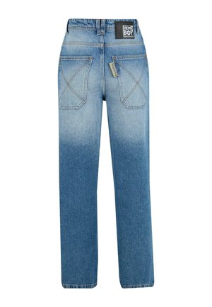 Hellblaue, mittelblaue Jeans aus Denim mit einem verblassten Verlaufsdesign, geradem Schnitt, fünf Taschen und einem markierten Lederpatch am Bund.
