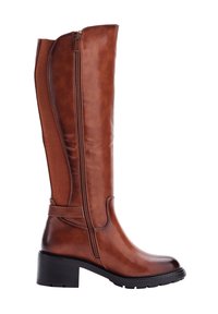 Stivale marrone in pelle alta fino al ginocchio con cerniera laterale, pannello elastico sul retro, tacco basso impilato e suola in gomma con tasselli.
