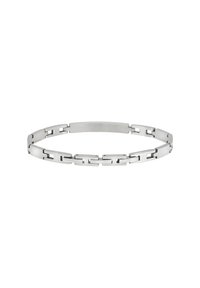 Bracelet en métal argenté avec des maillons entrelacés, une texture brossée, des bords lisses et un design géométrique simple.
