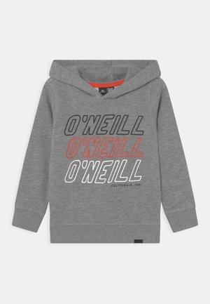 Sudadera con capucha gris hecha de mezcla de algodón. Presenta un gráfico frontal con "O'NEILL" en varios colores: negro, blanco y rojo. Puños acanalados.