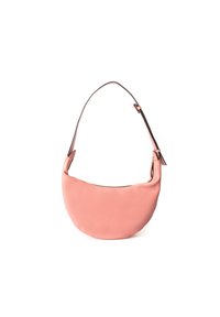 Large pink leather shoulder bag with a curved shape, a smooth texture, and a brown adjustable strap. Zippered top closure.