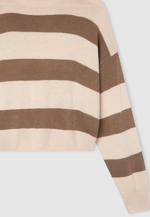 Sweter z dzianiny w paski, z szerokimi poziomymi paskami w kolorze beżowym i brązowym, okrągłym dekoltem oraz ściągaczami przy rękawach i dolnym końcu.