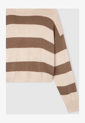 Sweter z dzianiny w paski, z szerokimi poziomymi paskami w kolorze beżowym i brązowym, okrągłym dekoltem oraz ściągaczami przy rękawach i dolnym końcu.
