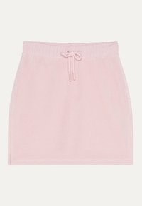 Rosa fleece mini kjol med elastisk midja, justerbar dragsko, sidslitsar och mjuk textur. Enkel design utan ytterligare mönster.