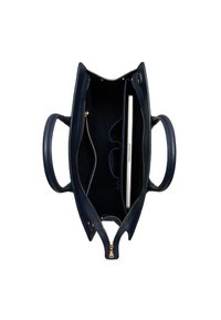 Navy leather tote bag with a zip closure, featuring two interior compartments, a slim laptop sleeve, and smooth textured handles.