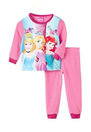 Ensemble de pyjama Disney Princess avec un haut bleu clair présentant trois princesses, associé à un pantalon en polaire rose. Tissu doux, manches longues et poignets côtelés.