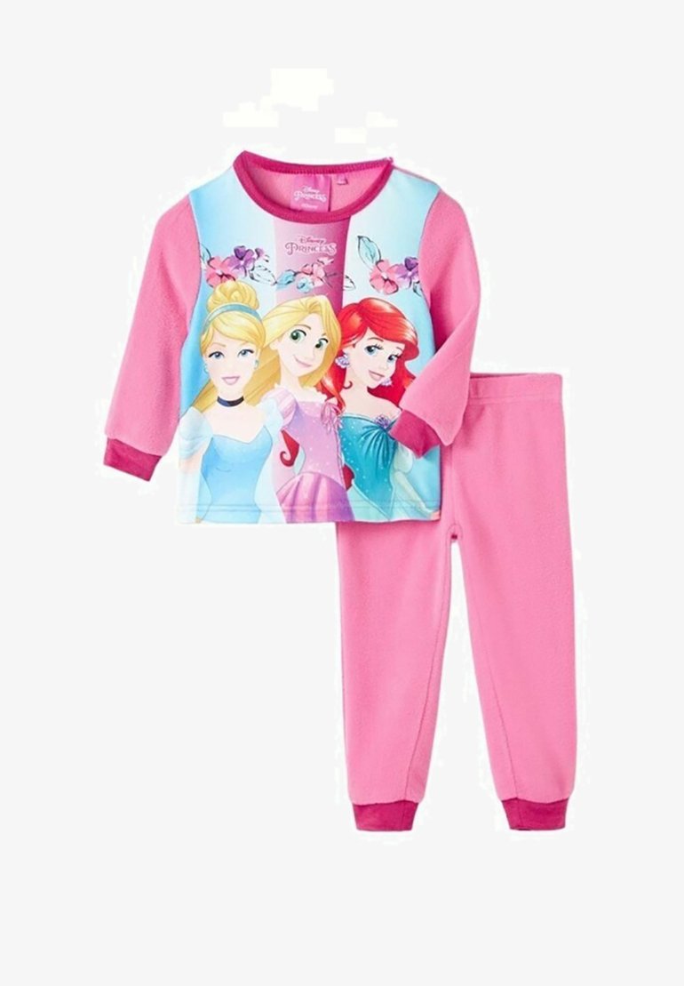 Ensemble de pyjama Disney Princess avec un haut bleu clair présentant trois princesses, associé à un pantalon en polaire rose. Tissu doux, manches longues et poignets côtelés.