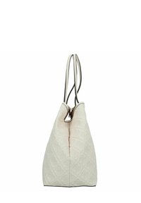 Borsa a spalla bianca trapuntata con un design strutturato e una chiusura in argento. Presenta doppi manici e una finitura interna liscia.