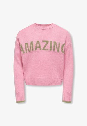 Rožinė megzta palaidinė su ilgomis rankovėmis, raukšlėtu vidiniu kraštu ir apatine dalimi, ant krūtinės esantis žodis "AMAZING" žalia spalva.