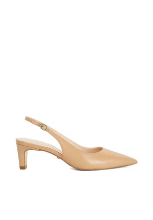 Beiger Slingback-Pumps aus Leder mit spitzer Spitze, mittelhohem Blockabsatz und verstellbarem kleinen Schnallenriemen.