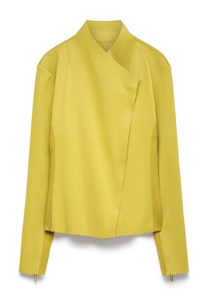 Yellow leather jacket with a wrap design, long sleeves, and side ribbed panels. Features smooth texture and minimalistic lines.