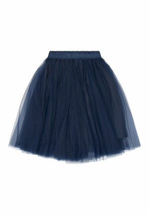 Jupe en tulle bleu marine longueur genou avec taille élastique et tissu transparent superposé pour un effet volumineux.