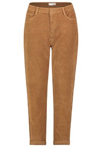 Braune Cordhosen mit geradem Schnitt, vorderen Taschen und umgeschlagenen Säumen. Der strukturierte Stoff mit vertikalen Rippungen sorgt für Details.