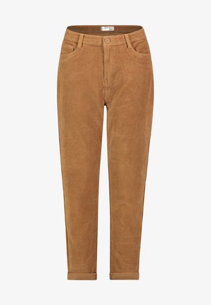 Braune Cordhosen mit geradem Schnitt, vorderen Taschen und umgeschlagenen Säumen. Der strukturierte Stoff mit vertikalen Rippungen sorgt für Details.