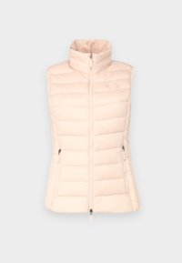 Ljust rosa ärmlös väst i pufferstil med hög krage och framzipper, utrustad med två fickor med dragkedja på sidorna och horisontell quiltning.