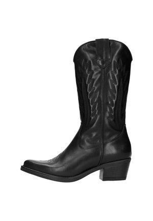 Zwarte leren cowboylaars met een spitse neus, zigzagstiksels, een lage gestapelde hak en decoratieve zijpanelen.