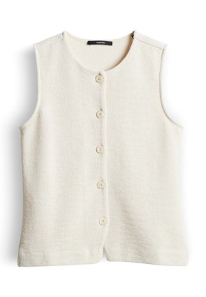 Gilet senza maniche in maglia color crema con scollo rotondo e cinque bottoni frontali, con tessuto strutturato e etichetta "someday." all'interno del colletto.