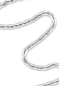Collana in argento lucido con maglie rettangolari che formano un motivo continuo e morbido su uno sfondo bianco.