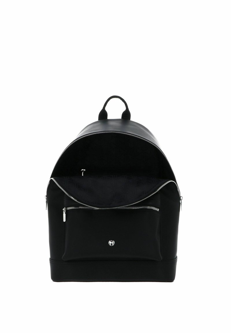 Black nylon backpack with a rounded top, zippered closure, front pocket, and a smooth texture. Interior features a patterned lining.