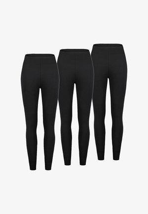 Black leggings in a smooth, stretchy fabric. Features a high waistband, fitted legs, and a simple design, sold in a pack of three.