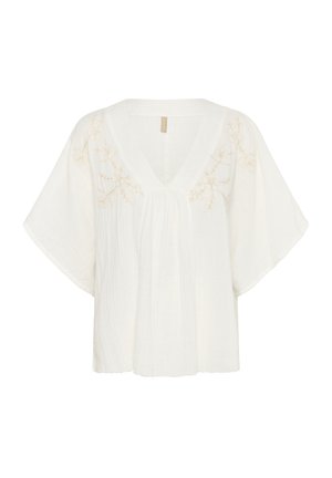 White lightweight blouse with V-neck, short sleeves, and embroidery detailing in light beige along the neckline and shoulder. Textured fabric.