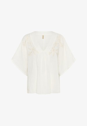 Fehér, könnyű blúz V-nyakkal, rövid ujjakkal és világos bézs hímzéssel a nyakkivágás és a váll mentén. Texturált anyag.