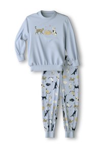 Lichtblauwe sweatshirt met elastische manchet en dierenborduurwerk, gecombineerd met bijpassende broek met een speelse kattenprint. Zacht materiaal, casual pasvorm.