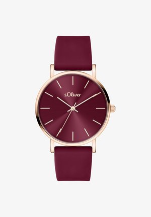 Uhr mit bordeauxrotem Silikonarmband, rundem Gehäuse aus Roségold und passendem bordeauxrotem Zifferblatt, ausgestattet mit minimalistischen Stundenmarkierungen und Zeigern.