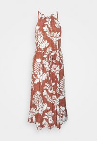 Robe midi marron sans manches avec imprimé floral tropical blanc, fines bretelles, encolure froncée et ceinture à nouer à la taille.
