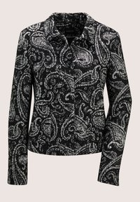 Schwarz-weiße Jacke mit Paisley-Muster, Knopfleiste, langen Ärmeln und Kragen.