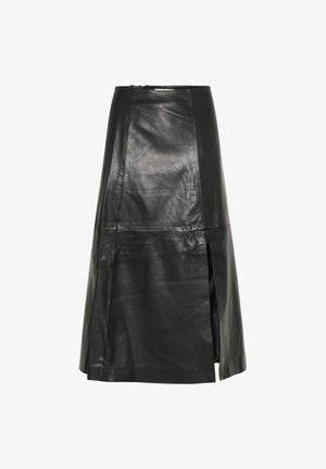 Black leather skirt with a midi length, featuring a straight cut and a side slit for ease of movement. Smooth texture and minimalistic design.
