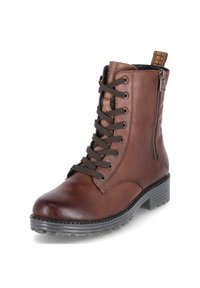 Brun läderankelstövel med rund tå, snörning framtill, sida dragkedja och strukturerad gummisula för grepp. Sömnadsdetaljer vid sömmarna.