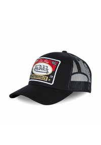 Black trucker cap with mesh back, features a rectangular embroidered patch in red, white, and yellow with "Von Dutch Motorcycles" logo.