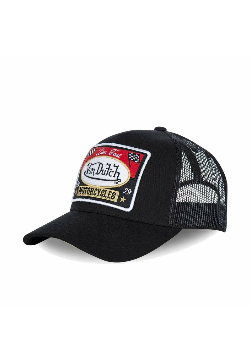 Black trucker cap with mesh back, features a rectangular embroidered patch in red, white, and yellow with "Von Dutch Motorcycles" logo.