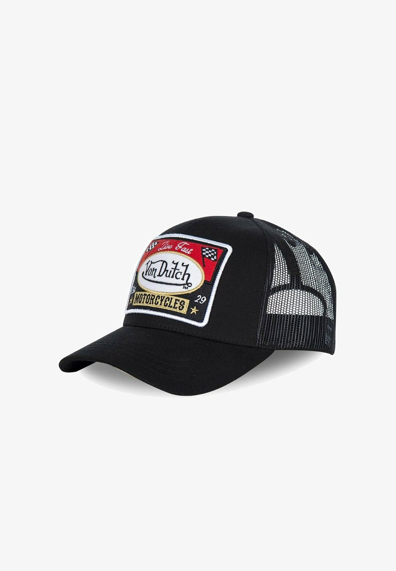 Black trucker cap with mesh back, features a rectangular embroidered patch in red, white, and yellow with "Von Dutch Motorcycles" logo.
