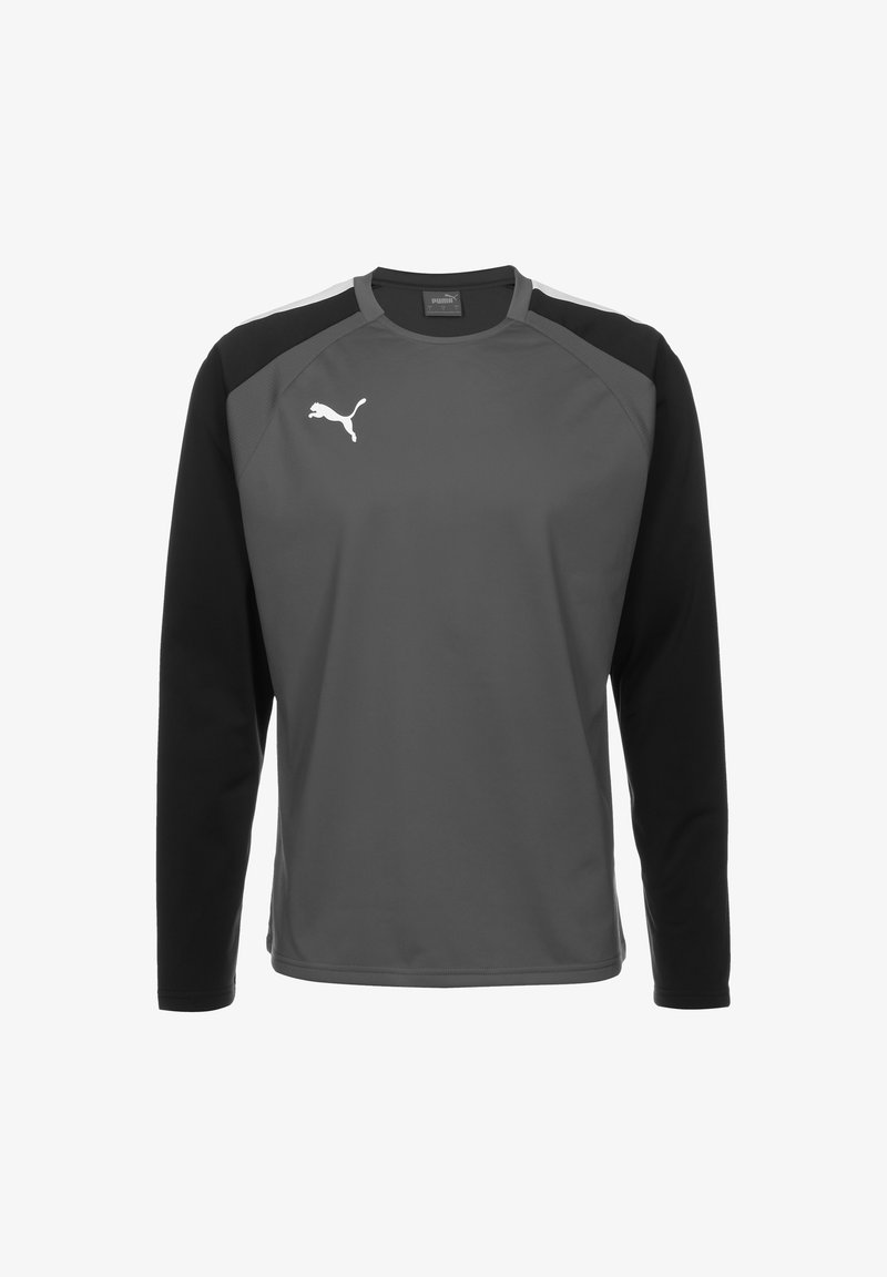 Langarm-Athletikshirt in Grau mit schwarzen Ärmeln, aus glattem Stoff gefertigt. Mit einem weißen Puma-Logo auf der Brust.