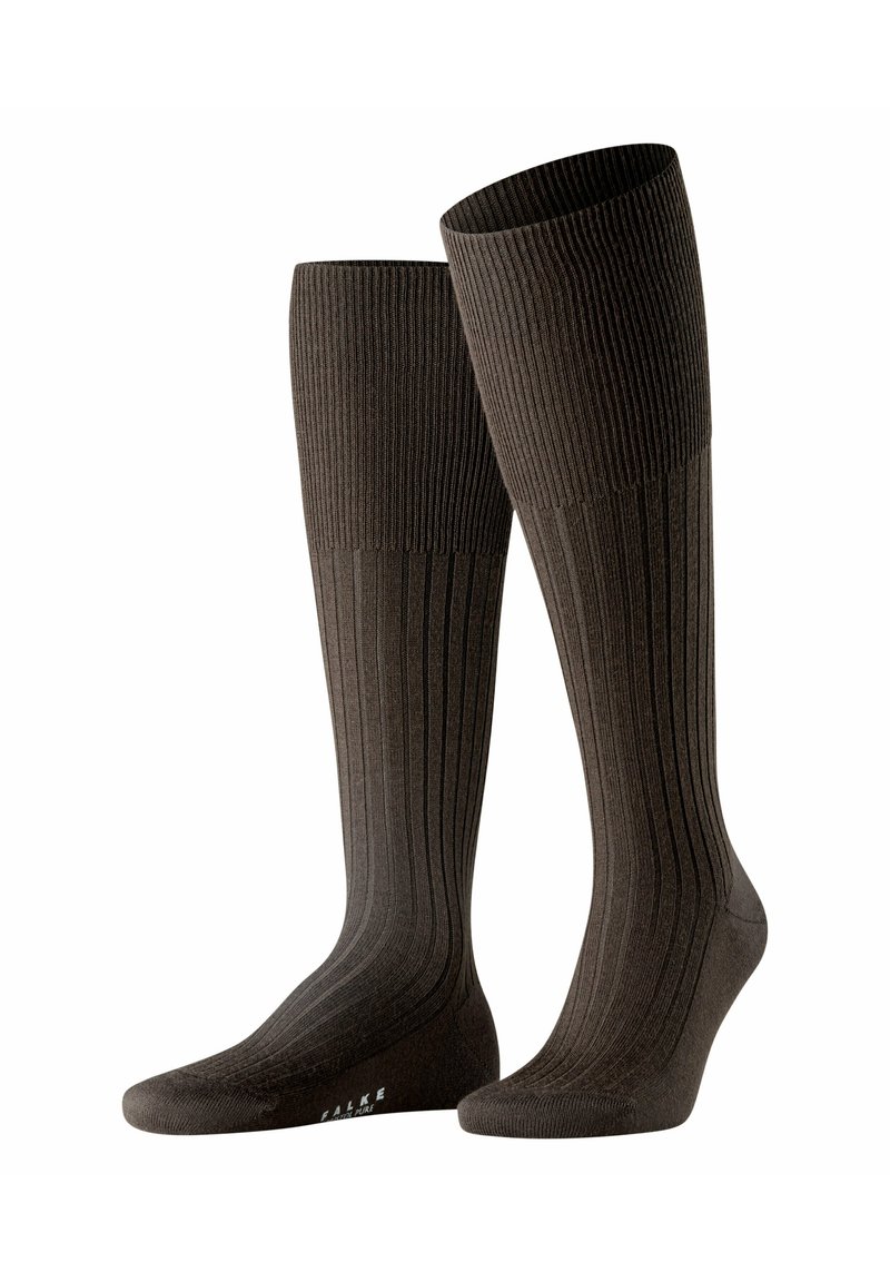 Calze marroni al ginocchio con texture a costine verticali e punta rinforzata. Materiale morbido e vestibilità aderente, adatte per abbigliamento formale o casual.