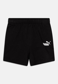 Pantaloni corti neri in cotone con cintura elastica, dotati di logo Puma bianco sul lato sinistro. Texture liscia, design semplice.