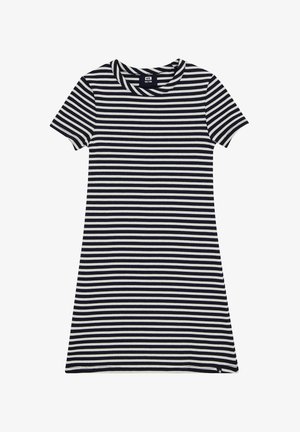 Tengerészkék és fehér csíkos rövid ujjú ruha kerek nyakkivágással, bordázott textúrával és enyhén bővülő szegéllyel.
