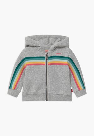 Sweat à capuche pour tout-petit gris avec fermeture éclair à l'avant, poignets côtelés, capuche et bandes arc-en-ciel sur la poitrine et les manches, marqué du logo Levi's.