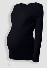 Maglione premaman nero a coste con maniche lunghe e scollo rotondo. Realizzato in tessuto elasticizzato, progettato per adattarsi a una pancia in crescita.