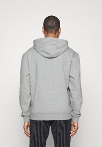 Grau sweatshirt mit Kapuze, mit langen Ärmeln und geripptem Saum, von hinten angezeigt. Das Material erscheint weich und strukturiert.