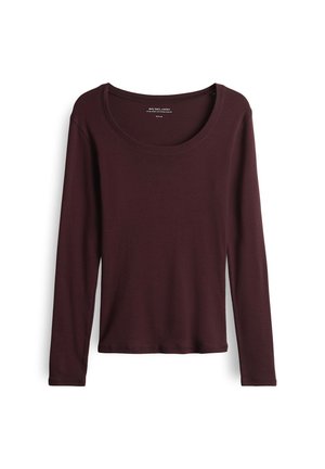 Bordeaux lange mouw T-shirt gemaakt van zachte stof, met een brede ronde hals en rechte zoom, met aansluitende mouwen en minimale details.