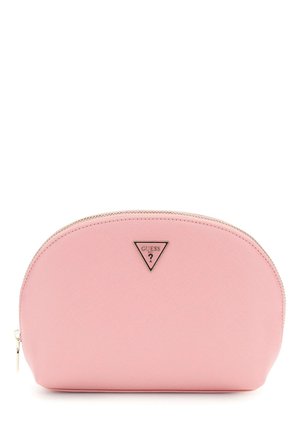 Pink synthetic cosmetic pouch with a rounded design, gold zipper, and a triangular logo in black and silver. Textured surface with seam details.