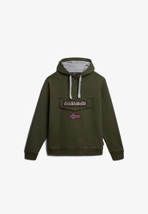 Sweat à capuche vert avec cordons gris, rabat de poche avant affichant le logo "Napapijri geographic" et un petit écusson du drapeau norvégien en dessous.