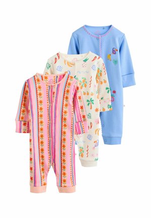 Drei Baby-Strampler mit langen Ärmeln: einer in Pink mit vertikalen Blumenstreifen, einer in Weiß mit bunten tropischen Früchte-Prints, einer in einfarbig Hellblau mit kleinen Früchte-Applikationen.