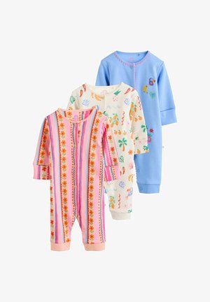 Drie baby-rompertjes met lange mouwen: één roze met verticale bloemige strepen, één wit met kleurrijke tropische fruitprints, één effen lichtblauw met kleine fruitapplicaties.