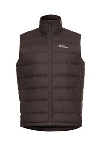Donkerbruin gewatteerd mouwloos vest met hoge kraag, voorrits, zijritszakken en "Jack Wolfskin" logo op de borst.