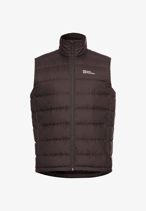 Dunkelbraune gepolsterte ärmellose Weste mit hohem Kragen, Frontreißverschluss, seitlichen Reißverschlusstaschen und "Jack Wolfskin"-Logo auf der Brust.