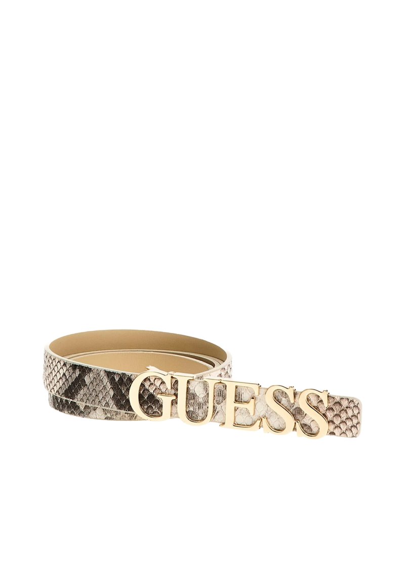 Cintura in stampa serpente nei toni beige, con fibbia logo "GUESS" in oro lucido, realizzata in pelle con una finitura interna liscia.